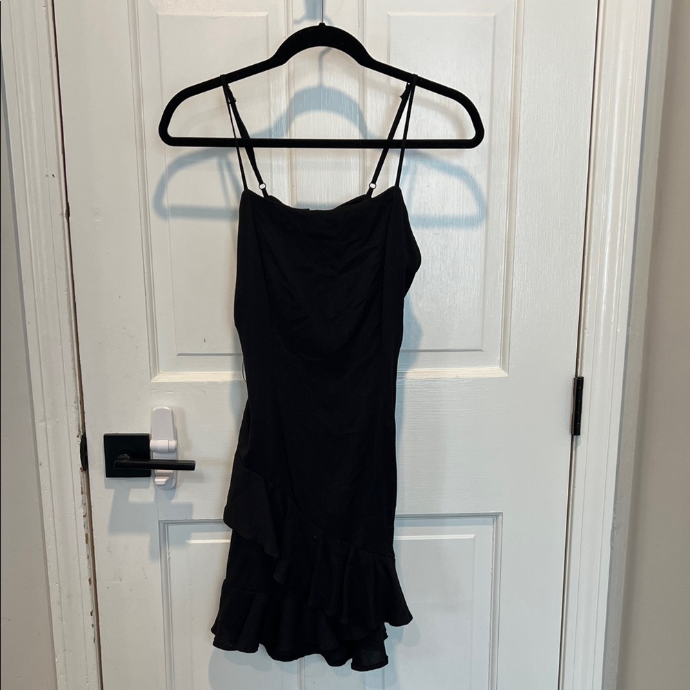 Black Ruffle-Hem Slip Mini Dress with Adjustable Straps